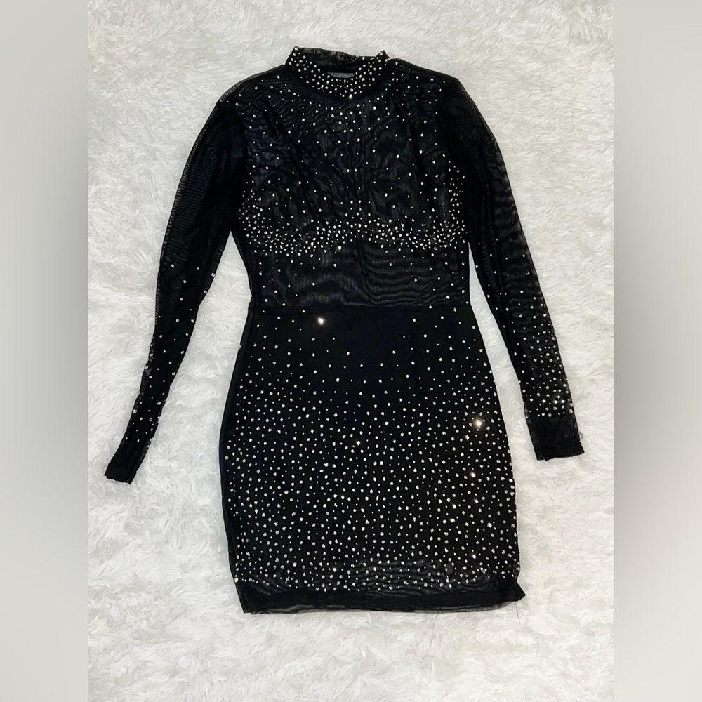 SHEIN Black Long-Sleeve Rhinestone Mesh Bodycon Dress